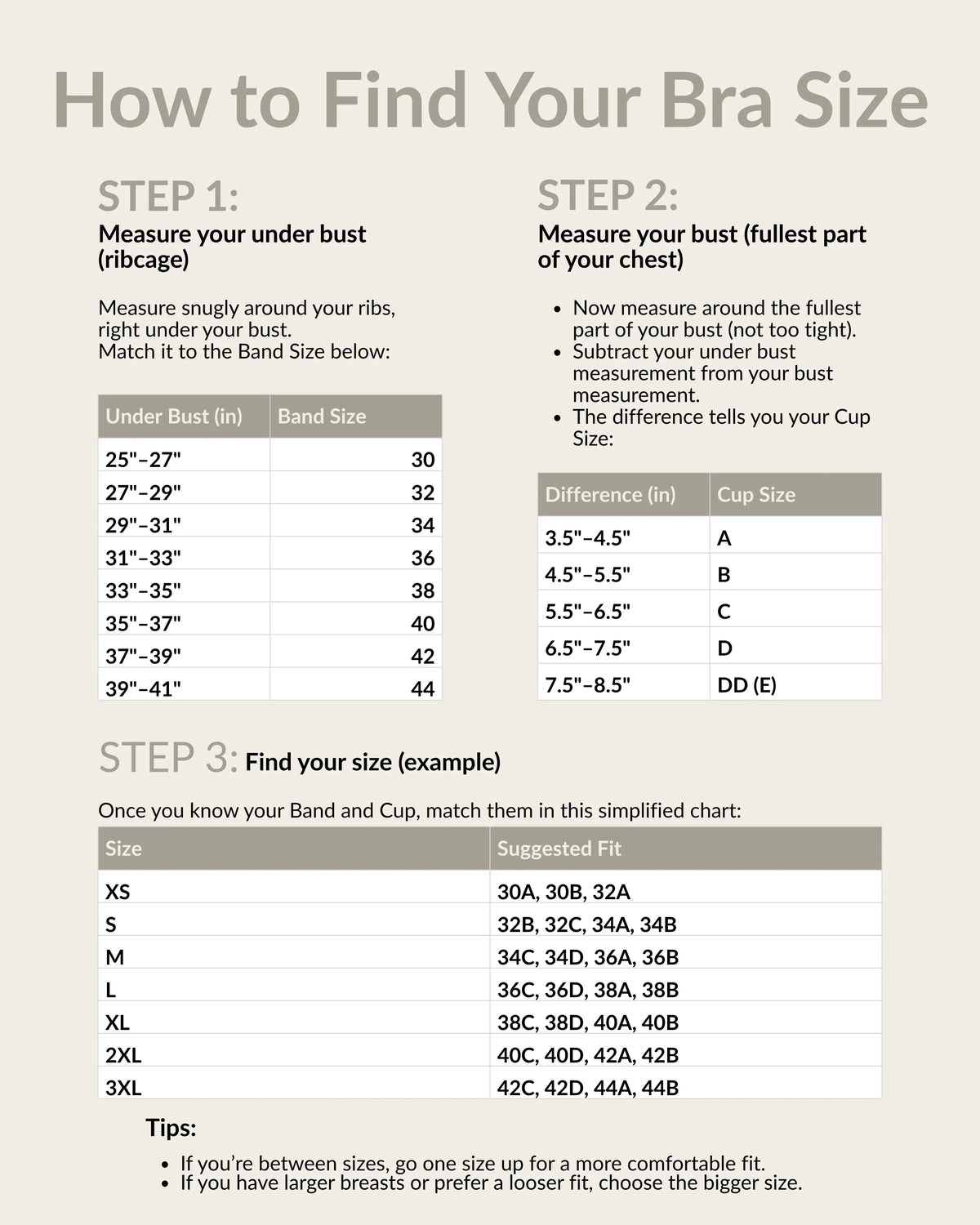 Deep V Wireless Push-Up Bra size chart